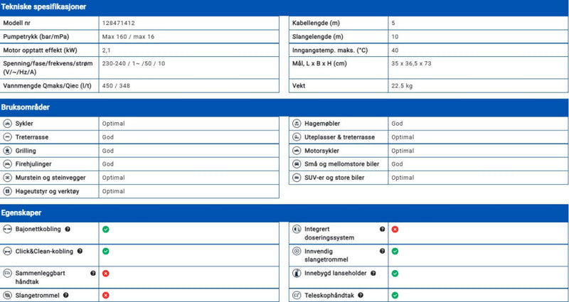 Nilfisk høytrykksvasker Exellent 160-10 EU 160 bar