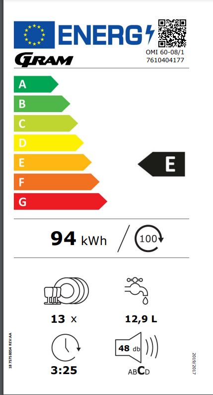 Gram helintegrert oppvaskmaskin 60 cm OMI 60-08/1