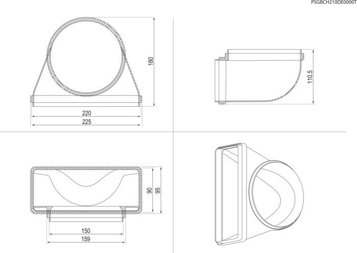 Electrolux rørdel vertikal 90 ° kurve fra rektangulær (220x90 mm) til rund (ø150 mm) M2CKCF03