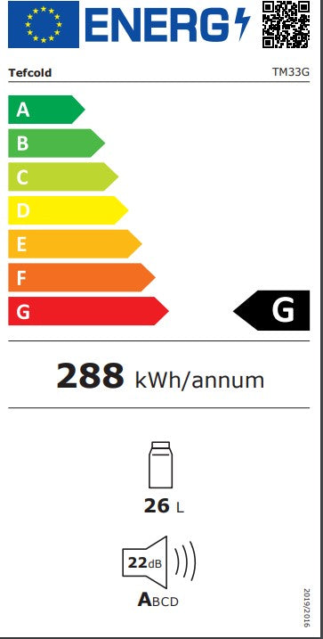 Tefcold svart minibar med glass dør med lås TM33G