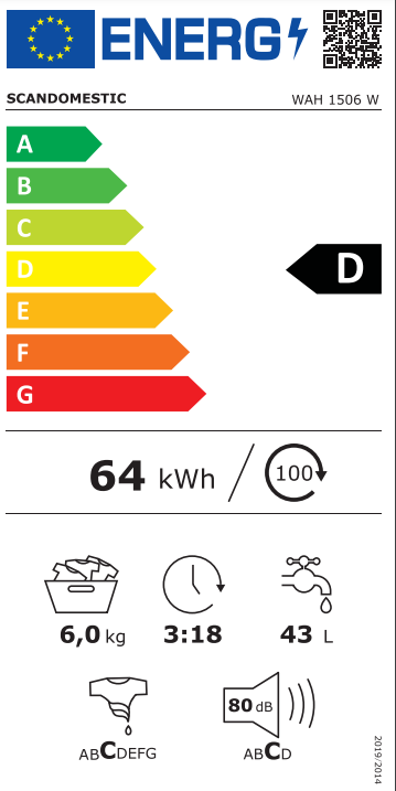 Scandomestic vaskemaskin i hvit 1200 omdr 6 kg WAH 1506 W